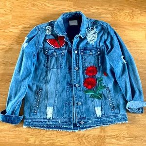 Tinseltown Distressed Embroidered Denim Jacket